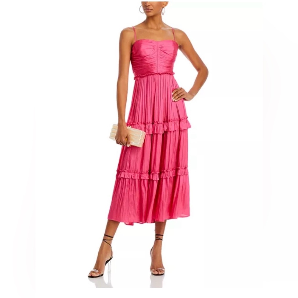 Aqua Hot Pink Spaghetti Strap Tiered Midi Dress